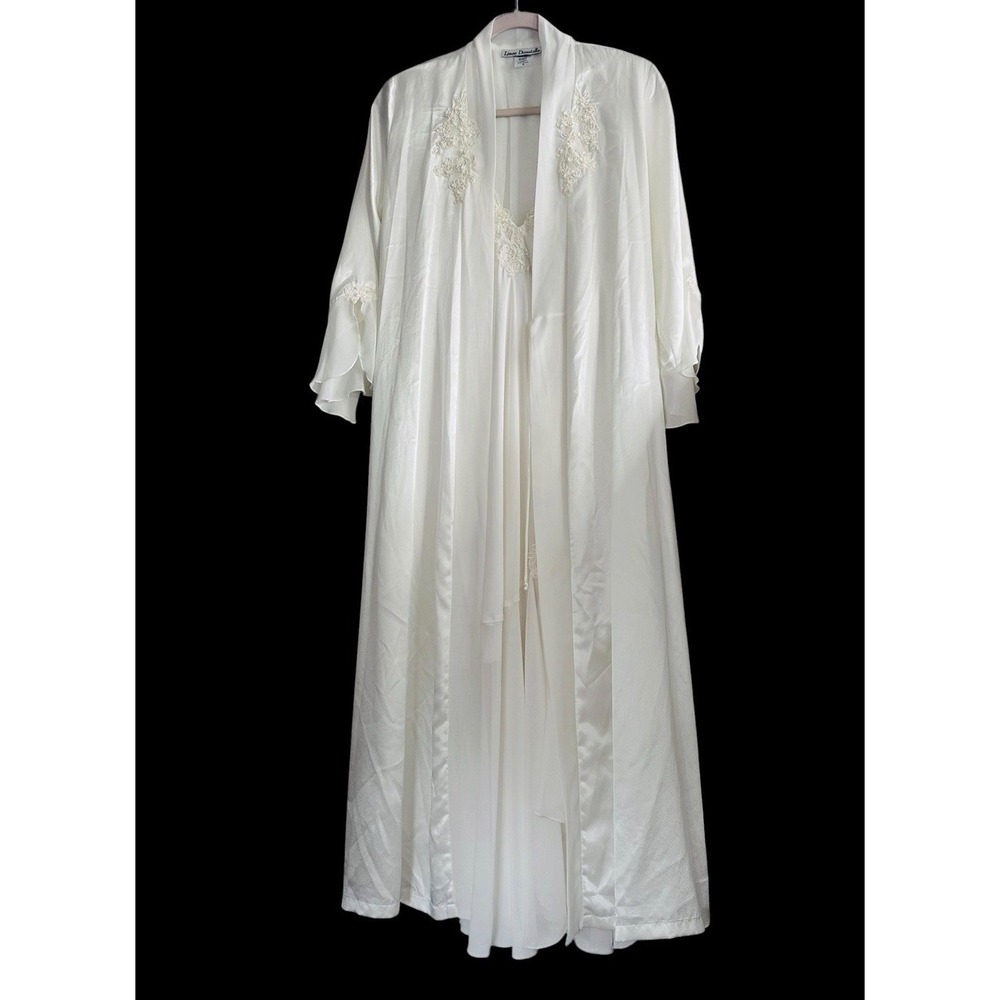Linea Donatella Nightgown Robe Set Size S Ivory Satin Lace Beaded Bridal Boudoir